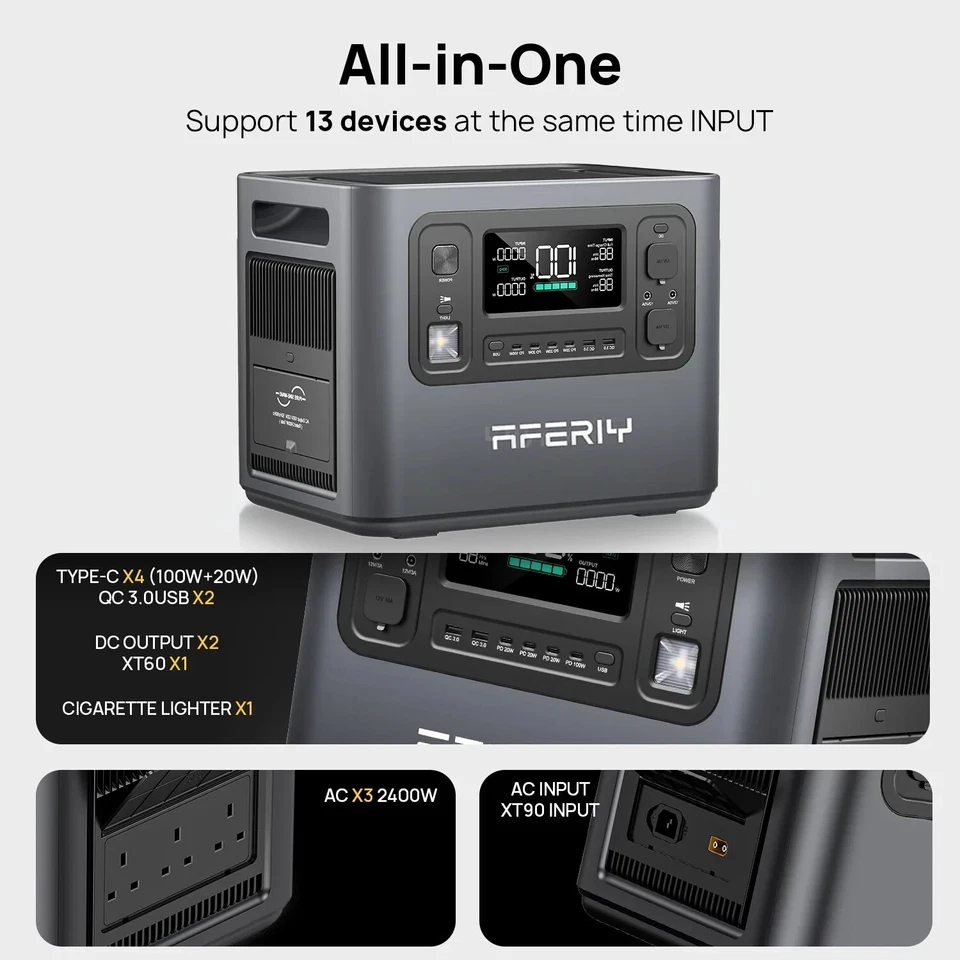 Portable Power Station AFERIY 2400W 2048Wh LifePO4 BMS Solar Generator Smart App