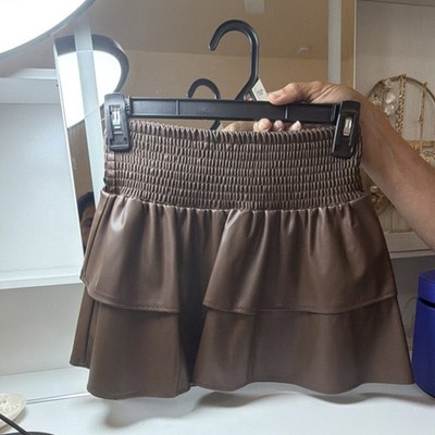 Cat & Jack Girls Brown Faux Leather Tiered Skirt XXS Ruffle Pull On Short