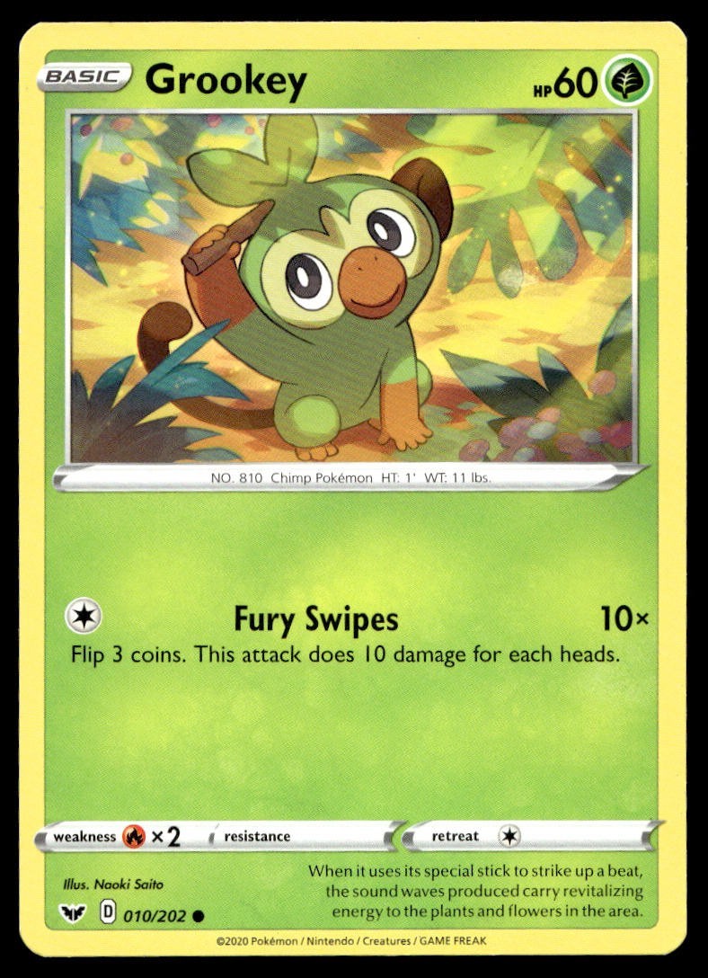 Grookey 10/202 Pokemon Card Sword & Shield Common 60 HP Lightly Played W22