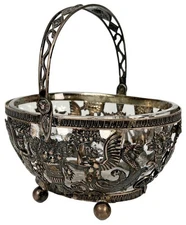 Antique German Victorian Repousse 800 Silver Glass Ornate Basket Candy Dish Bowl