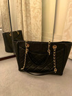 Tory Burch Black Leather Quilted Tote Bag Gold Chain Shoulder Strap Pockets