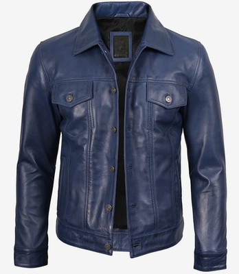 Mens Blue Genuine Leather Jacket Vintage Trucker Style Casual Button Front Coat