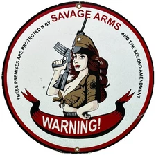 VINTAGE SAVAGE ARMS PORCELAIN GUN SIGN RIFLE AMMO HUNTING SPORT GAS STATION OIL