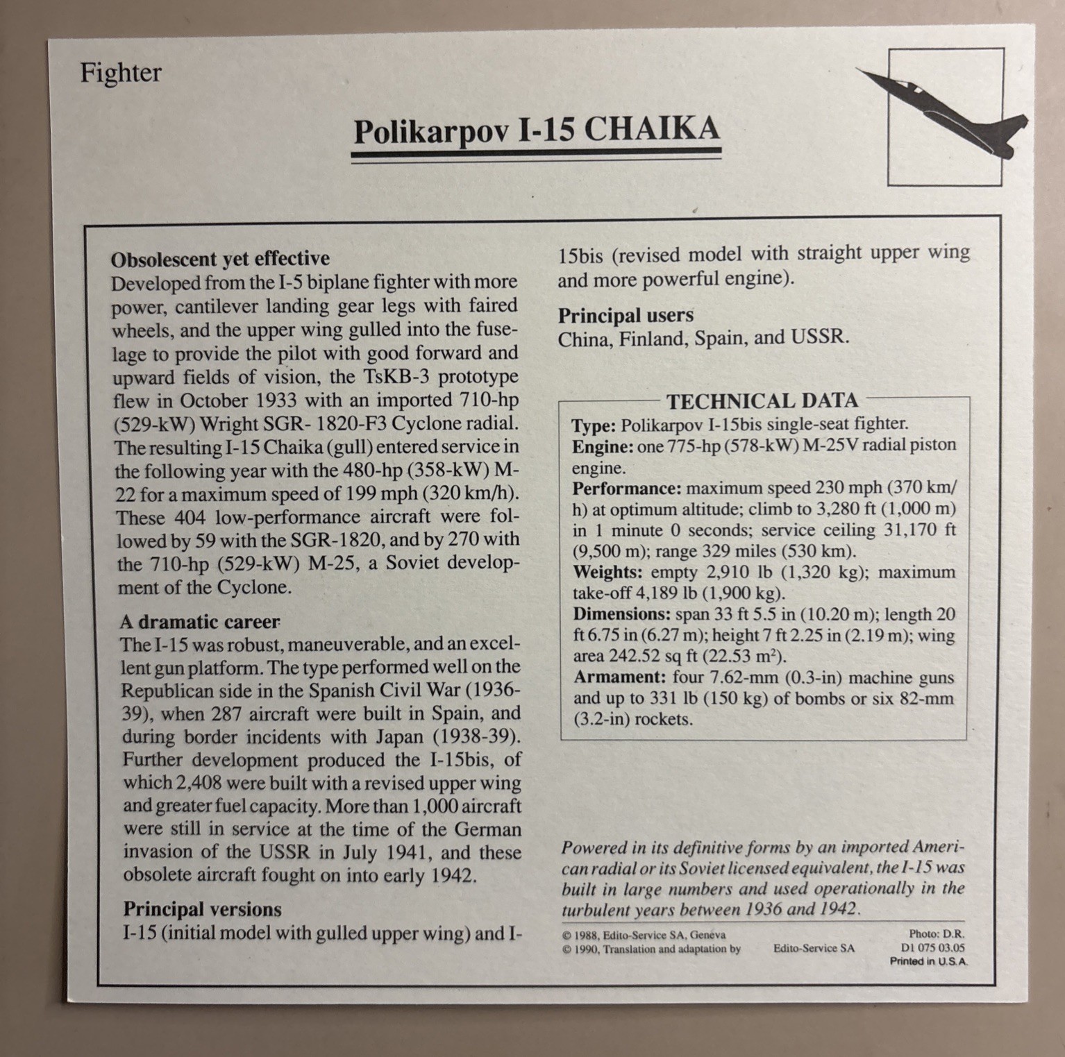 Polikarpov I-15 Chaika U.S.S.R. Military Aircraft Photo / Information Card