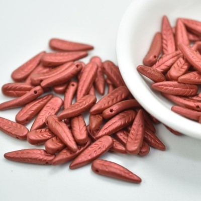 5x17mm Bird Feather Drop (25 beads) Matte Metallic Lava Red Czech Glass
