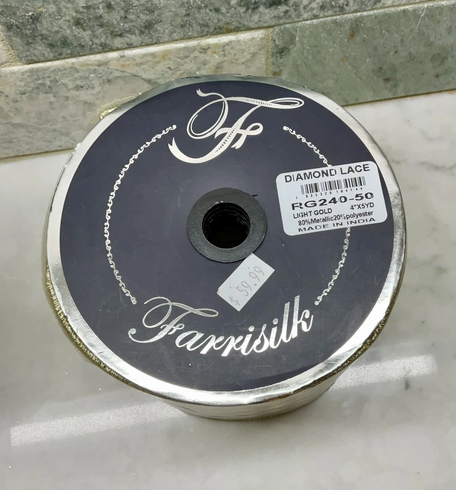 1 Roll Of Farrisilk Metallic Gold Jeweled Lattice Wired Ribbon 4" X 5 YDS New - Image 3 of 4