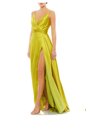 MAC DUGGAL WRAP  FRONT PLEATED SATIN CHARTREUSE SATIN GOWN  2