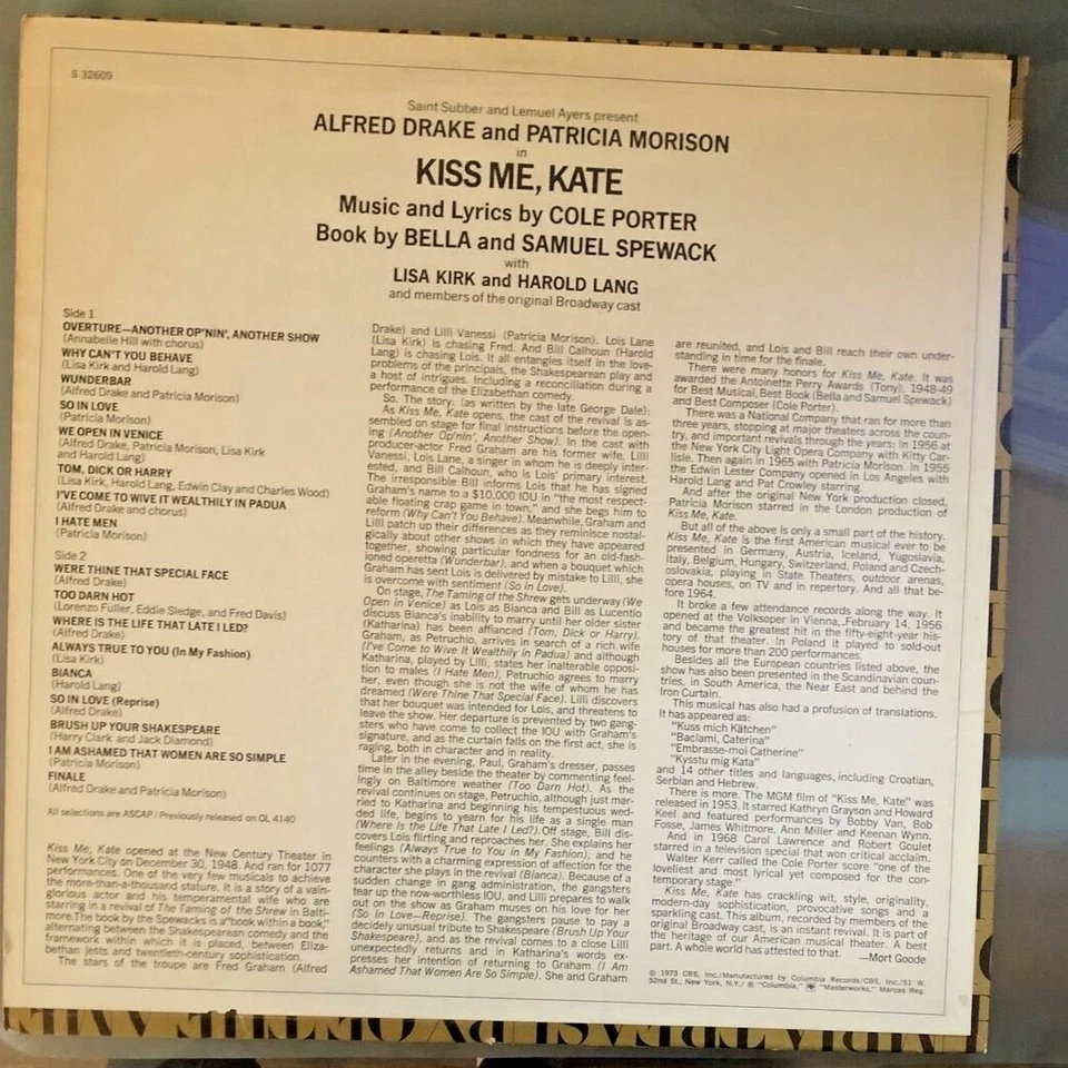 Alfred Drake, Patricia Morison ‎– Kiss Me, Kate, 1973 LP - Columbia S 32609 - Image 2 of 4