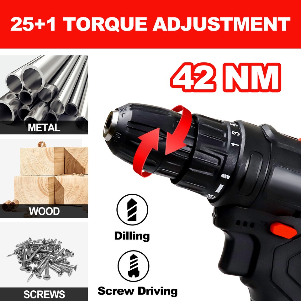 21V Cordless Combi Hammer Impact Drill Driver Electric Screwdriver Kit+