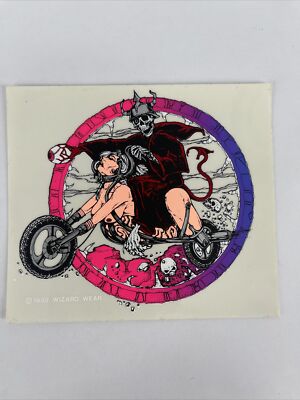 RARE Vintage 92 Wizard Wear Dirty Biker Skeleton Blacklight Neon Sticker 4.5x 4''