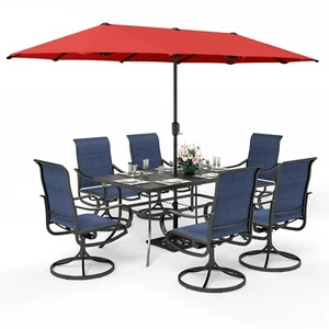 8 PCS Outdoor Dining Set Patio Furniture Metal Table and Chairs Set W/ Umbrella