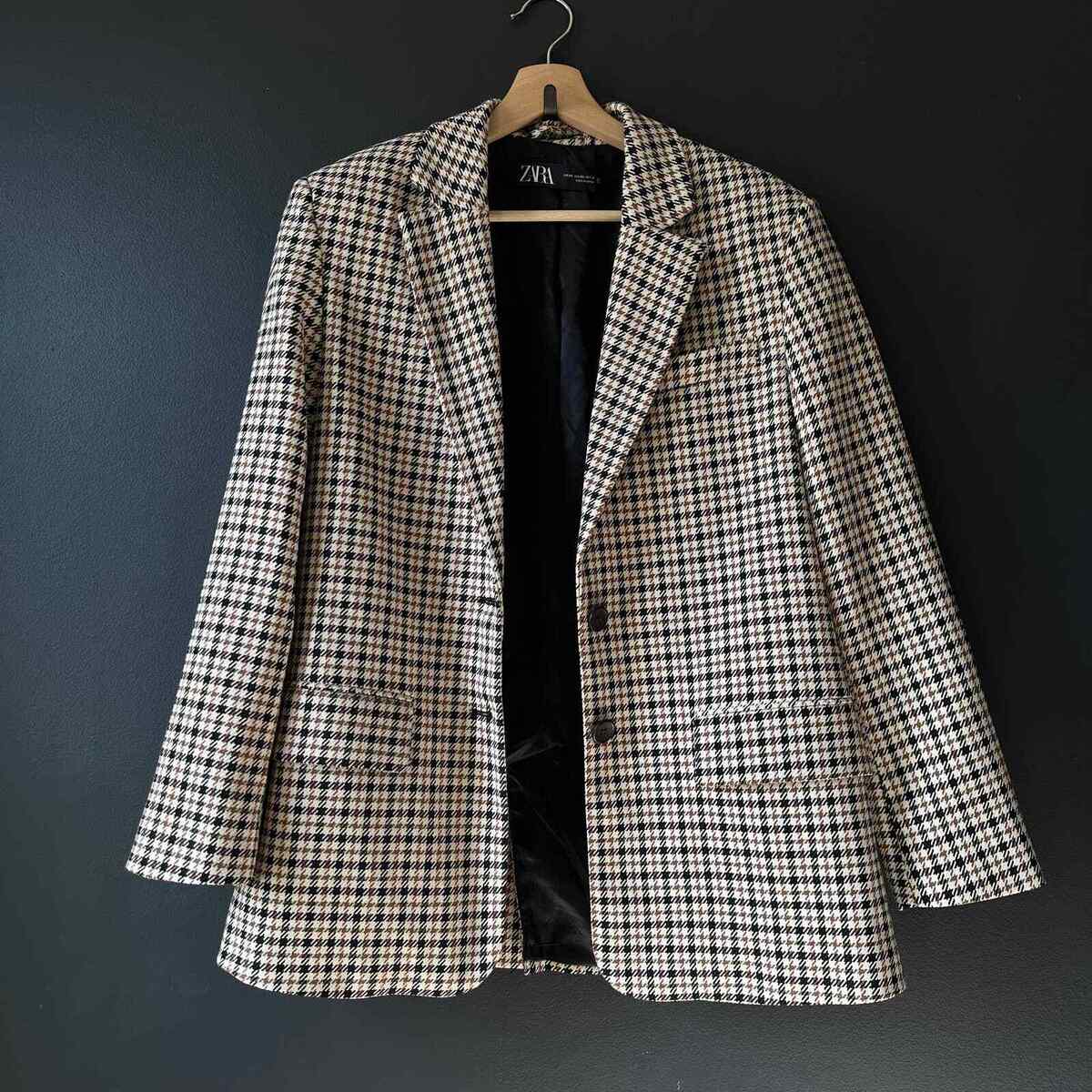 ZARA Houndstooth Oversized Blazer Cream Brown Black Size XS ZARA Houndstooth Oversized Blazer Cream Brown Black Size XS