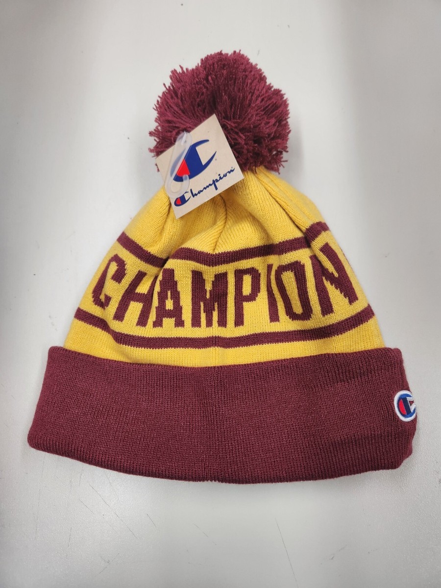 CHAMPION ICONIC LOGO POM POM YELLOW BURGUNDY BEANIE HAT CAP ONE SIZE