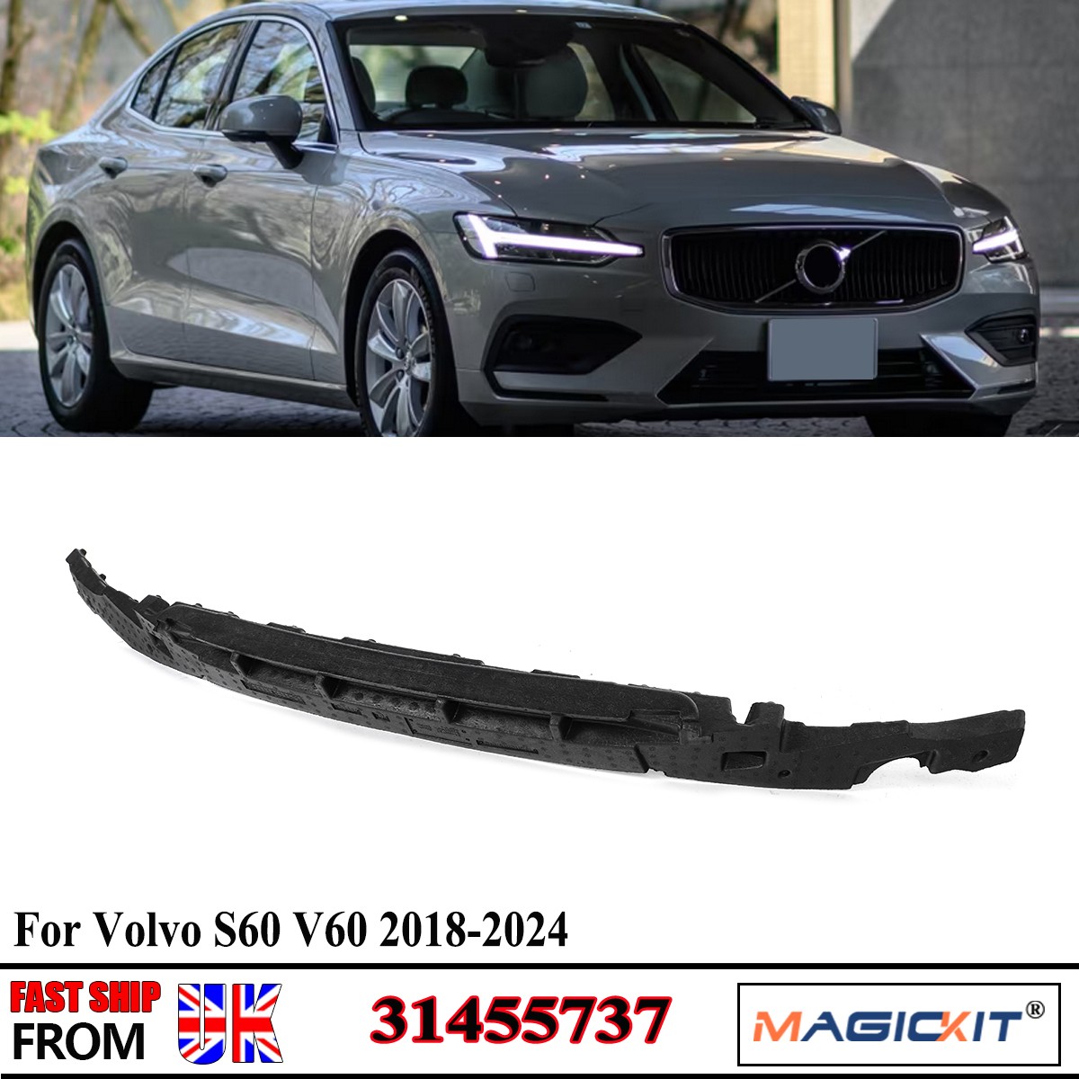 New For Volvo V60 S60 2018-2024 Front Bumper Shock Absorber Foam Black 31455737
