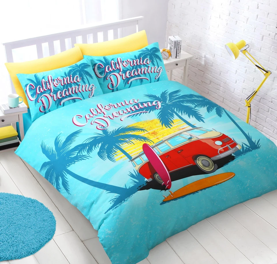 Surf Van Palm Trees Summer Duvet Cover with Pillowcase Bedding Set, Cotton Blend