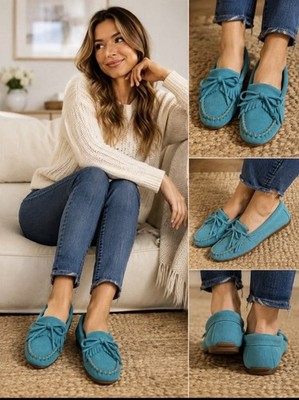 Minnetonka Shoes Kilty Hardsole Turquoise Suede Moccasins