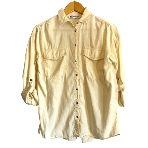 Zara Yellow Button Up Shirt Lightweight Solid Pastel Pockets Size XS