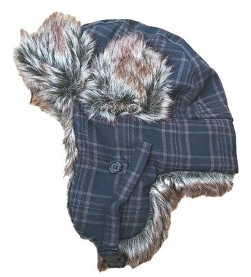 Wool Flannel Trapper Hat Black Plaid Fur Quilted Lined Elmer Fudd Winter Ski O/S