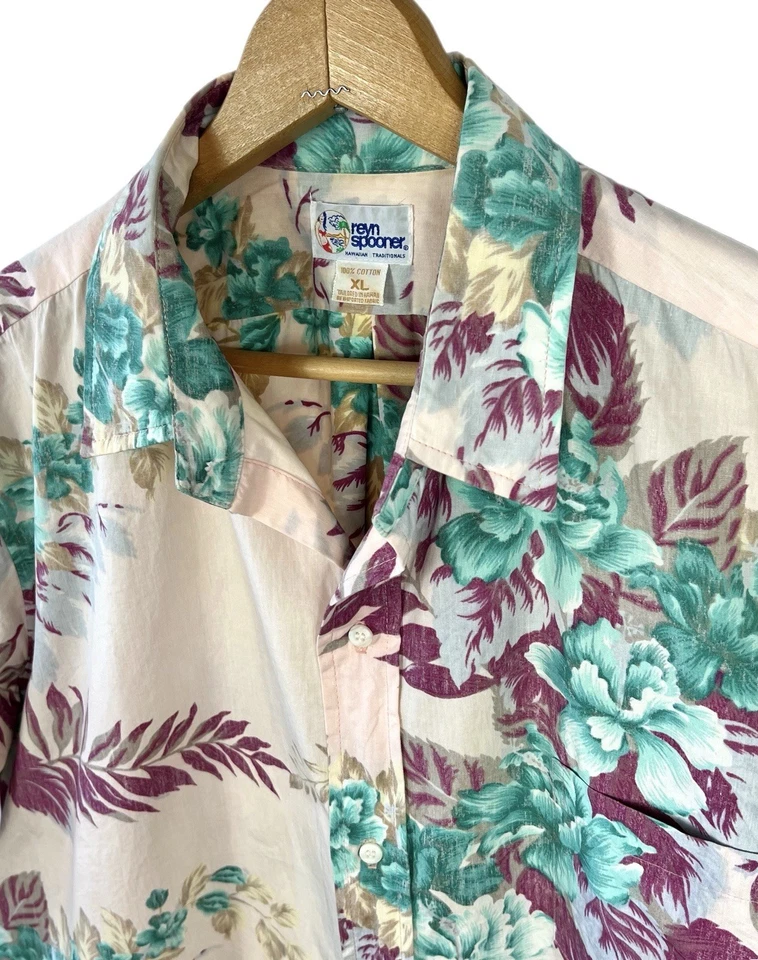 Camisa Reyn Spooner Rosa Verde azulado Hawaiano Floral Algodón Manga Corta Abotonada XL Foto 3 de 4