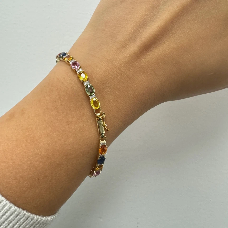 13Ctw Oval Lab Created Multicolor Tennis Bracelet 14K Yellow Gold Plated Silver Foto 4 de 4