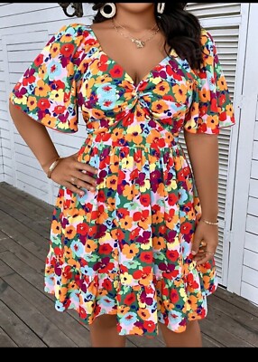 Women Plus Floral Print Twist Front Ruffle Hem Dress Size 1XL NWT