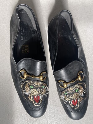 GUCCI グッチ　ブラック Tiger Head タイガーヘッド　ローファー Gucci Black Leather Horsebit Loafers men 8 Panther Animal Head