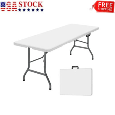 White 6 Foot Folding Table,Fold-in-Half Plastic Table, Picnic Party Camp Tables