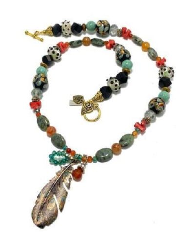 Necklace Set - Metal Feather - Lamp Work Glass, Carnelian, Coral, Jasper - Picture 4 of 9