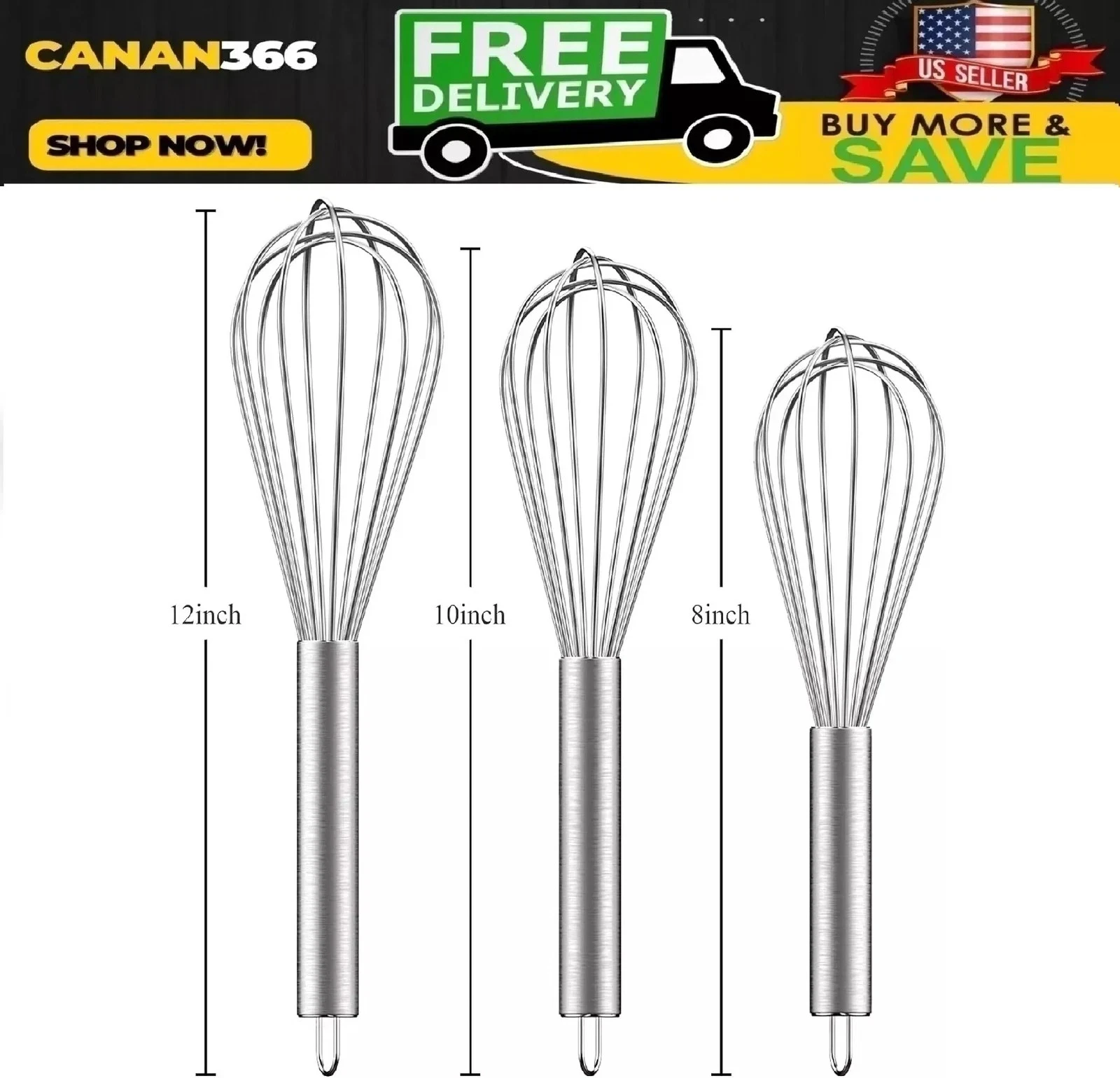 3 Pcs Stainless Steel Whisk Kitchen Utensil Wisk For Blending and Stirring