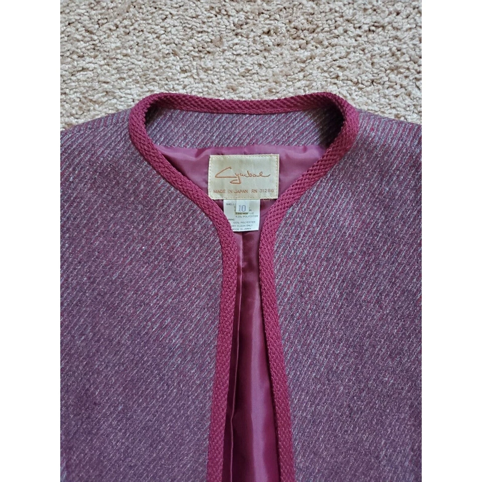 铙钹日本复古羊毛栗色/紫色 2 件套裙子和夹克套装,尺寸 S — 第 3/4 张图片