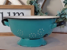 Vintage Turquoise & White Enamelware Footed Strainer Colander Made in Poland