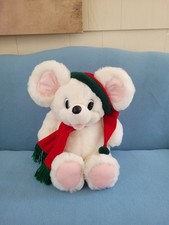 VTG 1990's Christmas Mouse Plush White w/Green Red Hat Scarf 14" Kids of America