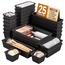 25 PCS Plastic Drawer Organizers Set, 4 Sizes Vanity Organizer, Makeup Black
