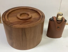 Dansk Teak Wooden Ice Bucket  with Lid And Leather Wrapped Flask