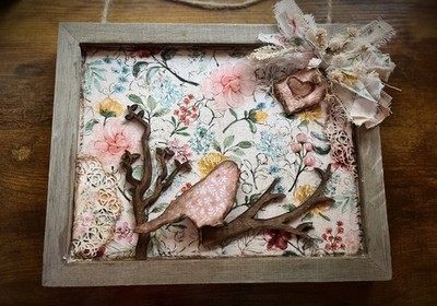 Hand Crafted Floral Bird Wall Hang In Soft Pink Cream Tones