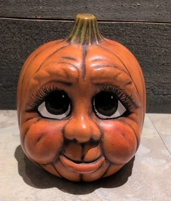 VTG Ceramic Pumpkin Anthropomorphic Expressive Face Hand Painted 80s Decor