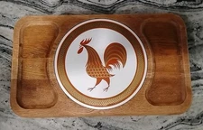 Vtg MCM Wood Charcuterie Board Gold Ornge Rooster Cheese Tile 17"x10" Snack Tray