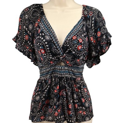 Francesca's Mi Ami Twist Front Keyhole Boho Top Black Floral Rayon Sz L NWT