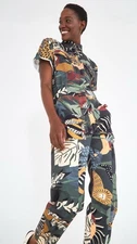 Farm Rio Jumpsuit Womens Size XS Green Utility Jungle Cat Leopard Tropical