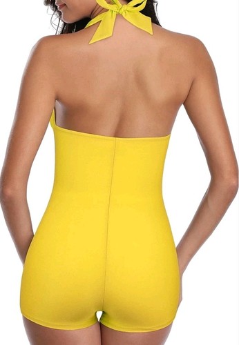 Women's One Piece Swimsuit Tummy Control Retro XXL Yellow Vintage Style Padded - Picture 2 of 2