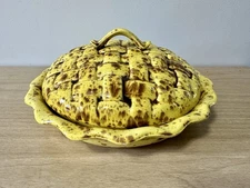 Vintage Yellow Spongeware Ceramic Pie Keeper • Basket-Weave Lid • MCM Style