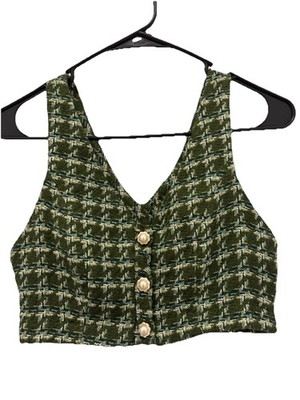 Green Tweed Button-Front Crop Top Y2K Cottagecore Grandmacore
