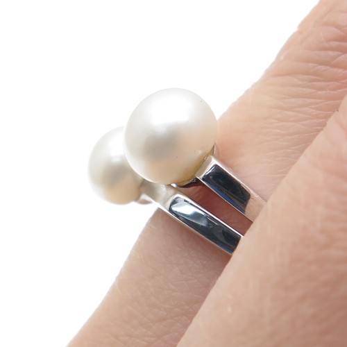 HONORA 925 Sterling Silver Real Pearl 2-Row Modernist Ring Size 9.25 - 第 2/9 張圖片