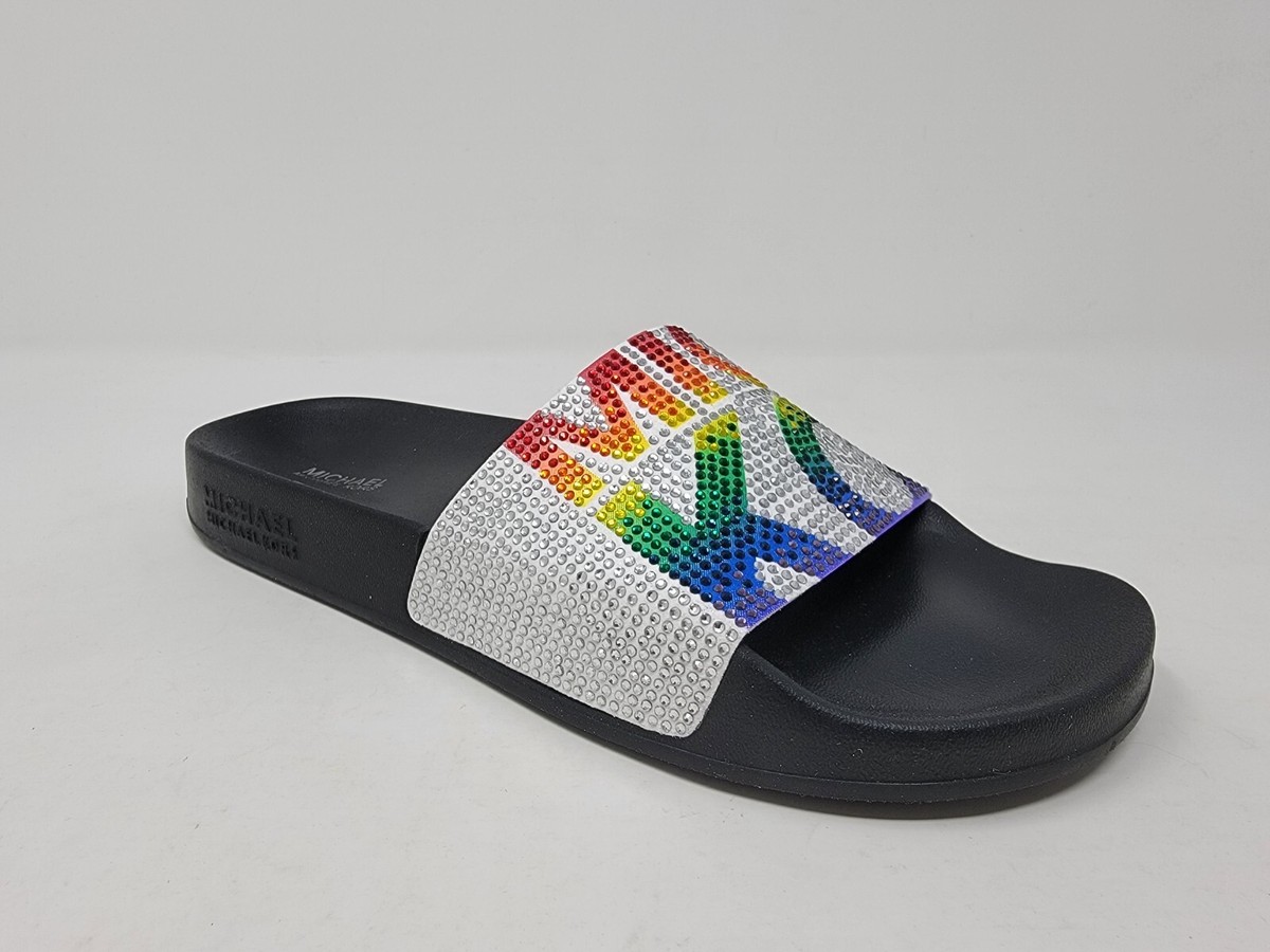 Michael Kors Womens Gilmore Rainbow🌈Pride White Pool Slide