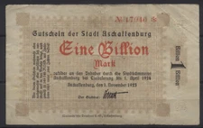 [24150] - Emergency money Aschaffenburg, 1 Billion Mark, 01.11.1923, Keller 153n, used
