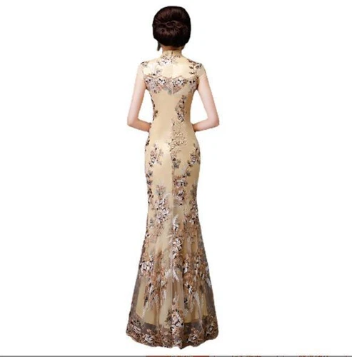 Damen Cheongsam Retro schmale Passform Spitze Fischschwanz chinesisches Kleid Laufsteg Kostüm schick - Bild 7 von 14