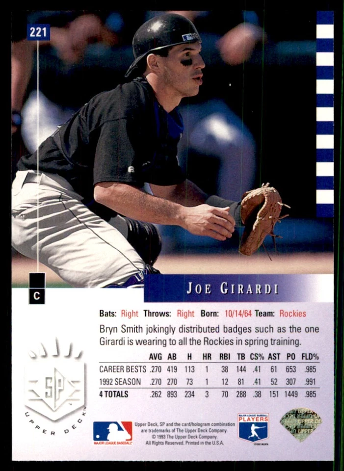 1993 SP Joe Girardi Colorado Rockies #221 - Image 2 of 2