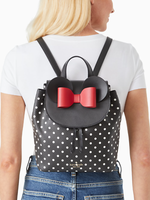 S NWB Kate Spade Disney Minnie Mouse Flap Black Leather Backpack K4642 Kate Spade New York Minnie Mouse Drawstring Backpack, Black  main image 3