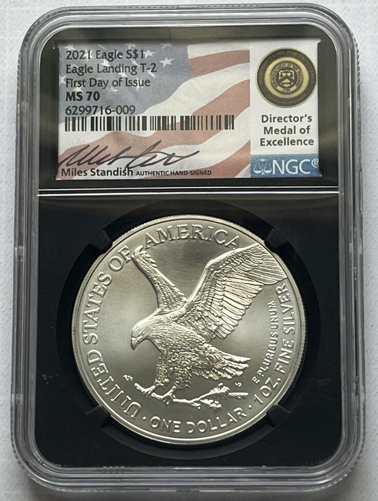 2021 Type 2 Silver Eagle NGC MS70 First Day of Issue, Signed Miles