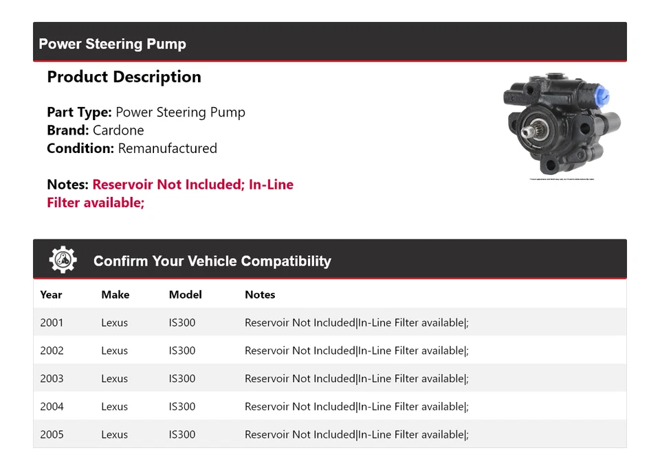 Bomba de dirección asistida Cardone para Lexus IS300 2001-2005 2002 2003 2004 Foto 2 de 4